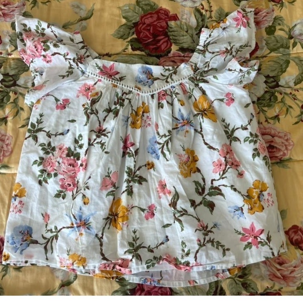 Janie and Jack Girls Size 6 Floral Flutter Sleeve Cotton Blouse White Pink Blue